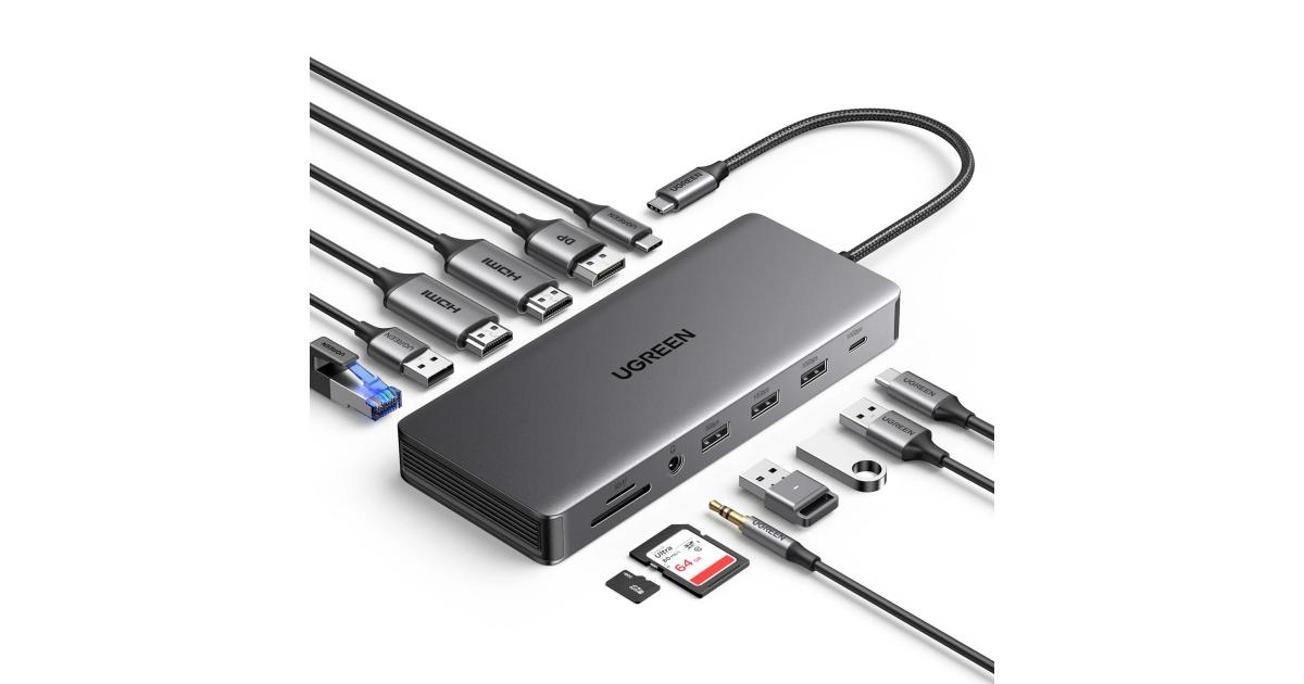 لابتوب UGREEN 13 in 1 Docking Station 4K Triple Display USB C Dock Dual HDMI, DP, 10Gbps Data Port 100W PD Gigabit Ethernet, SD/TF Card Reader Compatible for Thinkpad, Zenbook and more
