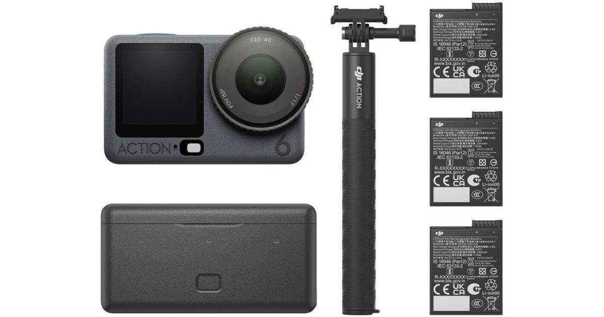 DJI Osmo Action 6 Adventure Combo, 38MP 1/1.1" Square CMOS Sensor, 155° FOV, Up to UHD 4K120 Video, 8K Still Photos, 3 Stereo Mics, OsmoAudio, Voice Control, Waterproof to 65.6', Black