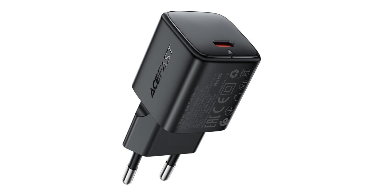 ACEFAST A118 PD 30W USB-C Fast Charger Mini GaN Power Adapter Charging Block - EU Plug - Black