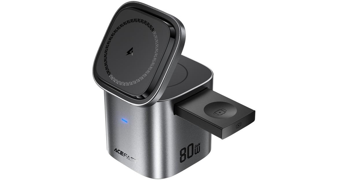 ACEFAST Z9 80W 6-in-1 GaN Desktop Charging Station Multi-Function Fast Charger Adapter Built-In USB-C Cable, EU Plug