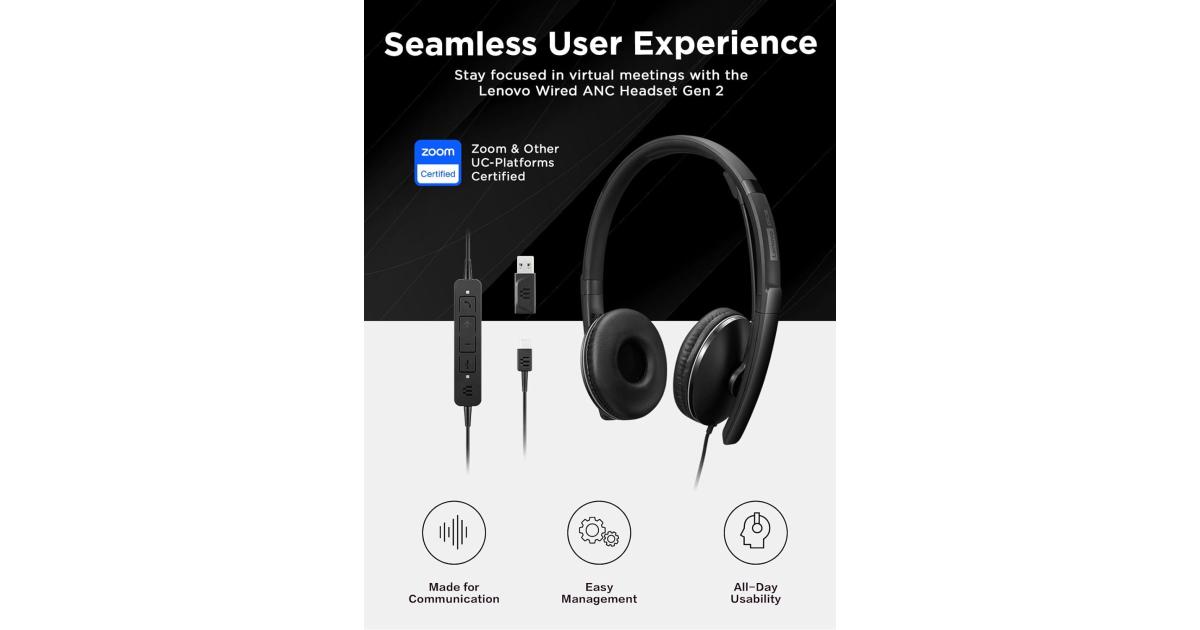 Lenovo Wired ANC Headset, USB-C and USB-A connectivity, Zoom Certified, Active Noise Cancellation, Hearing Protection, 145g Lightweight Comfortable Design, Replaceable Earcups, Business Headset