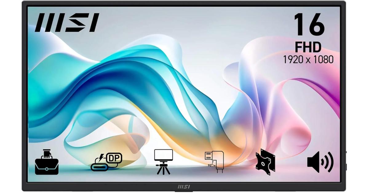 شاشة MSI Pro MP165 E6 Portable , 15.6" FHD IPS 1080p, USB Type-C, Mini-HDMI, Built-in Speakers, Perfect for PC, Mac, PS5, PS4, Xbox, Mobile, Matte Black