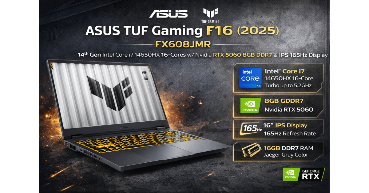 ASUS TUF Gaming F16 (2025) FX608JMR 14Gen Intel Core i7 14650HX 16-Cores w/ Nvidia RTX 5060 8GB DDR7 & IPS 165Hz Display - Gray