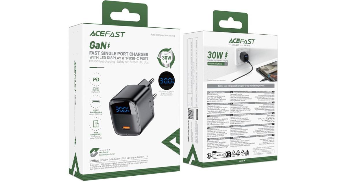 ACEFAST A113 Fast Charge Wall Charger 20W GaN LED Digital Display Multiple Safety Protection 1x USB-C - EU Interface