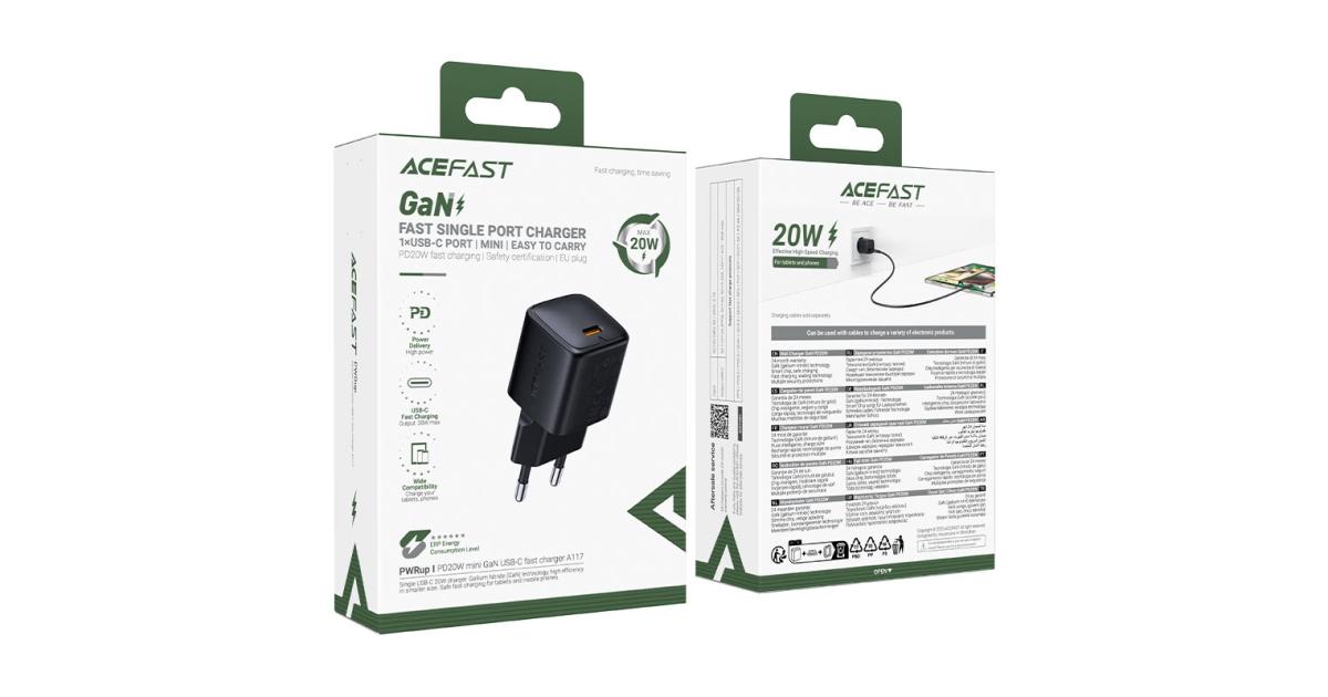 ACEFAST A117 Fast Charge Wall Charger 20W GaN Flame-Retardant PC Safety certification 1x USB-C - EU Interface