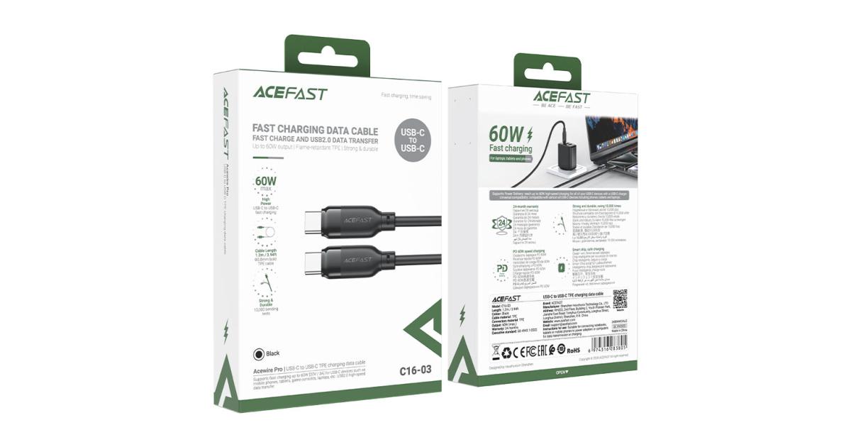 ACEFAST C16-03 USB-C To USB-C TPE Data & Fast 60W Charging Data Cable 1.2M - Black