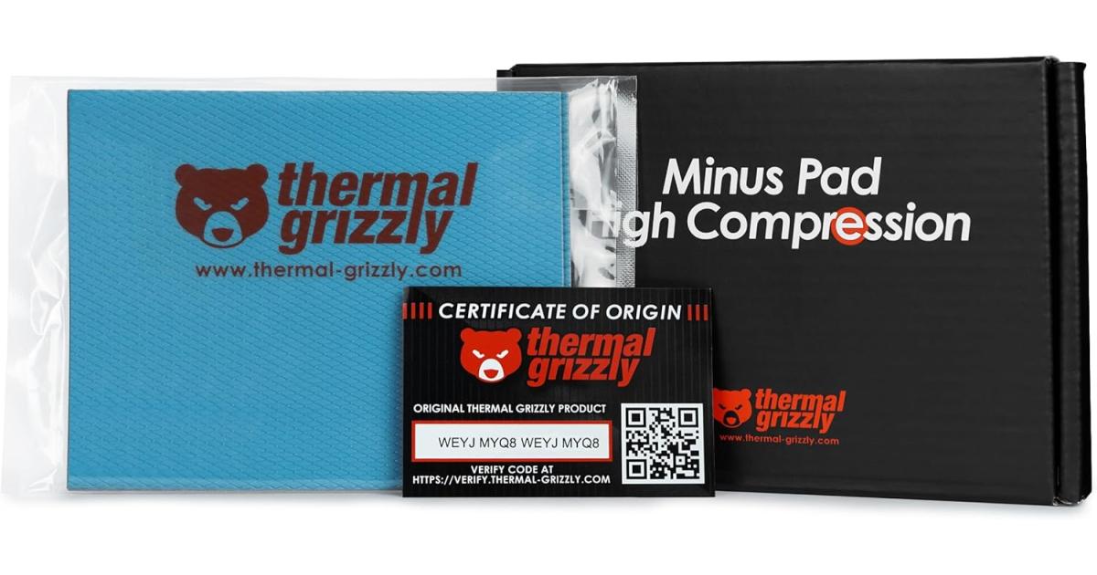 Thermal Grizzly Minus Pad High Compression - 120x100x2.0mm 2-Pack Thermal Interface Pad, Electrically Non-Conductive, High Thermal Conductivity & High Compressibility for SSDs, GPUs & Electronics