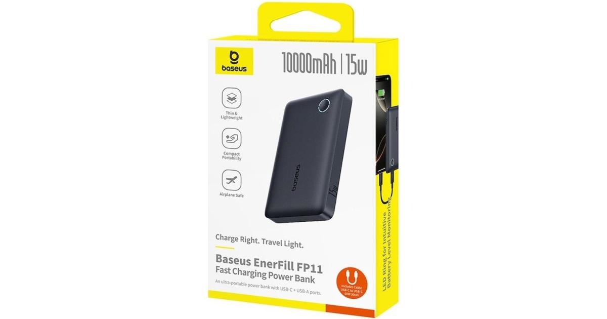 باور بنك (شاحن متنقل) Baseus EnerFill FP11 10000mAh 15W Fast Charging with Dual USB-A and Type-C Output , Air-Travel Friendly Design, Multiple Safety Protections - Black