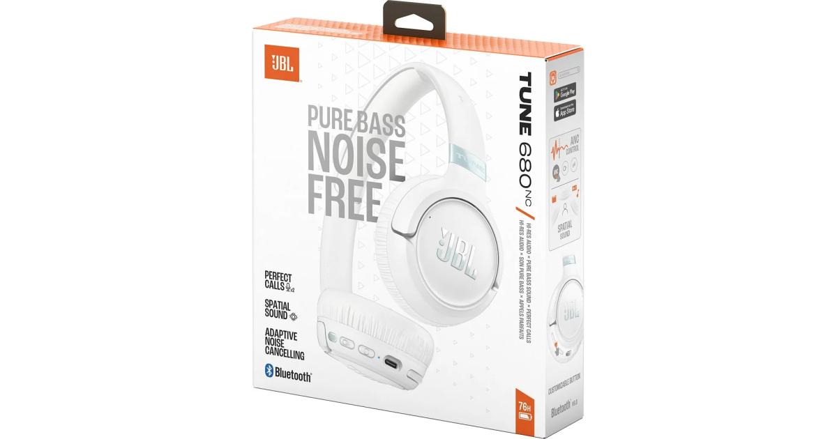 سماعات JBL Tune 680 NC Wireless On-Ear Bluetooth with Adaptive Noise-Cancelling Technology, Smart Ambient, 76-Hour Battery Life and Google Fast Pair/Microsoft Swift Pair, White