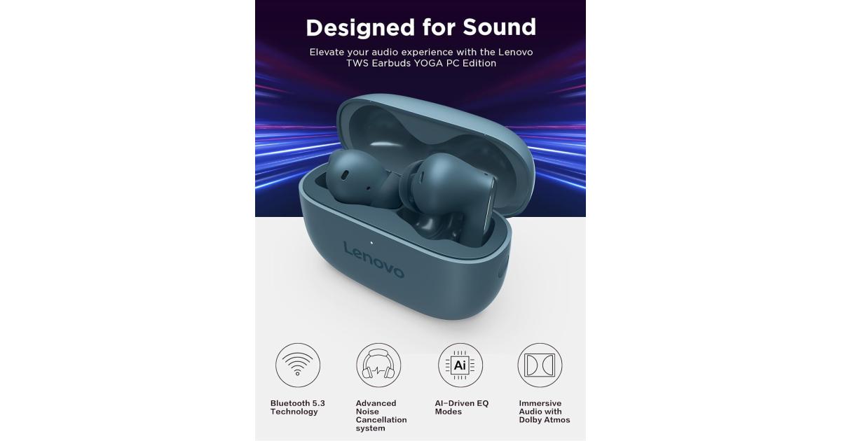 Lenovo TWS Earbuds Yoga PC Edition Tidal Teal Active Noise Cancellation Bluetooth 5.3 Wireless Earbuds ENC 3-Mic Clear Calls AI EQ Mode Switch for Gaming, Movies, Music, and Meetings