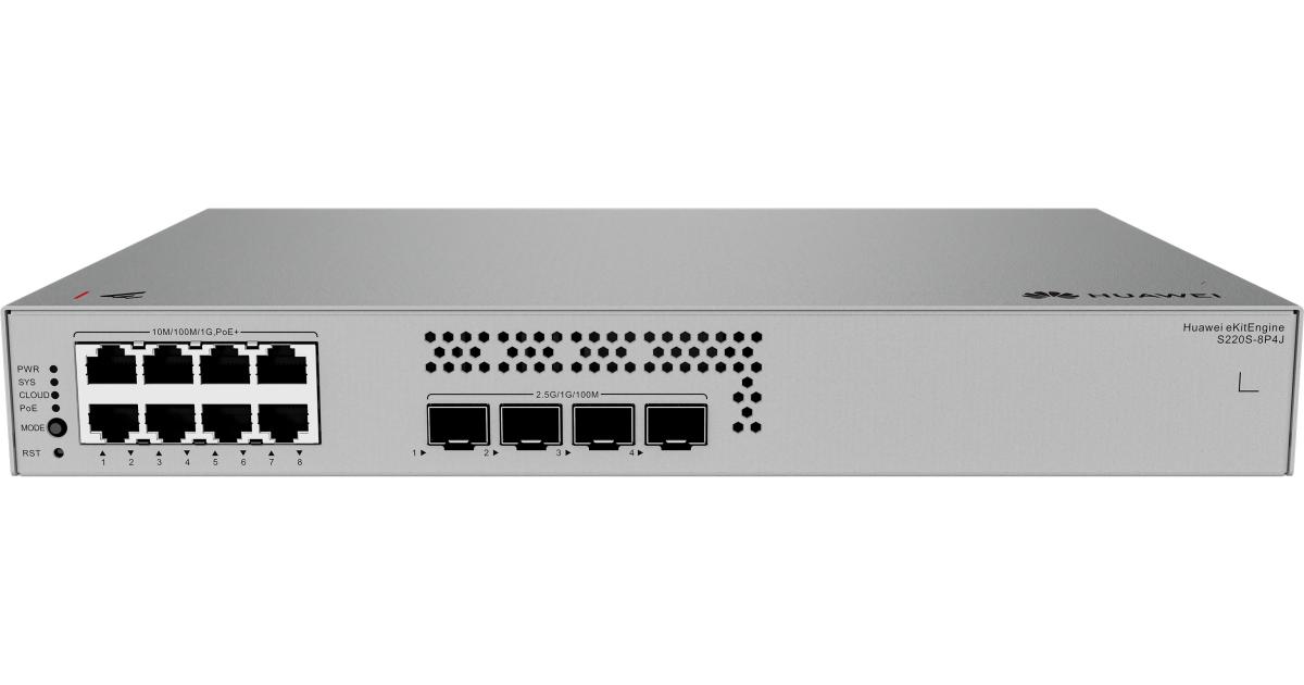 Huawei EKit S220S-8P4J 8 Ports 10/100/1000 BASE-T (128 W PoE+), 4 Ports 2.5GE SFP Ports, Built-in AC power, Fanless