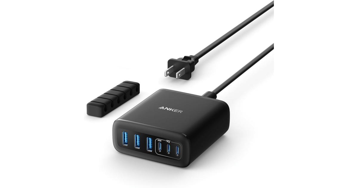 لابتوب آبل MacBook Anker Desktop Charger, Fast Charging USB C Charger with 112W Max 6-Port Desk Accessories for Home Office, Campatible with Multiple Devices, iPhone, iPad, , Galaxy and More (Cable Not Included)