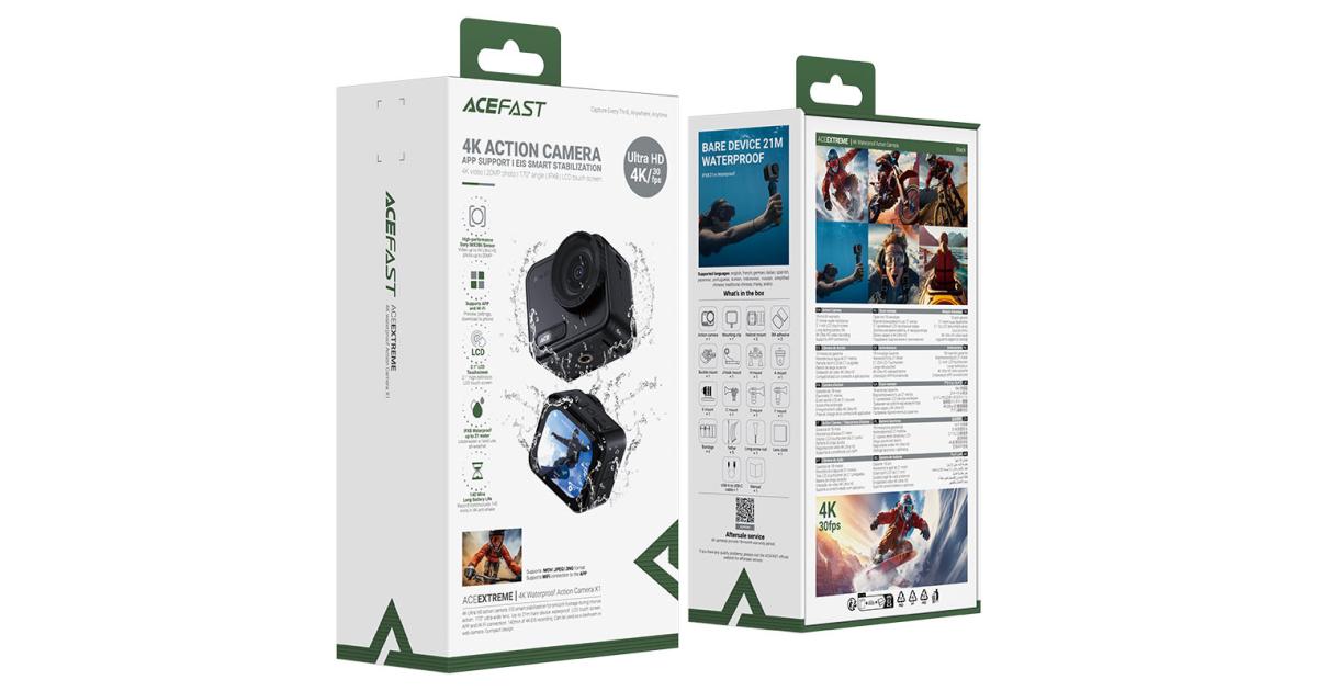 ACEFAST X1 4K Action Camera, 20MP High-Resolution 30 Fps, 170° Ultra-Wide-Angle Lens, 2.1-Inch High-Definition LCD Touchscreen, Waterproof - Black