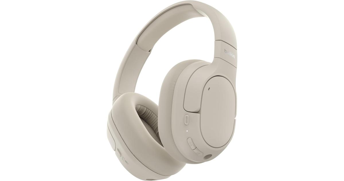 سماعات Belkin SoundForm Isolate Active Noise-Cancelling Wireless , over ear with mic, Bluetooth with 60H playtime, deep bass, CloudCushion ear cups for travel, home, office - White