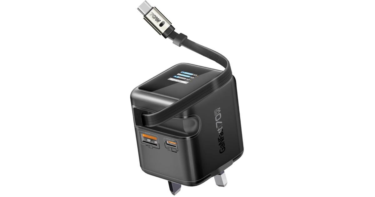 Promate Cubix-R70 70W GaNFast Charger with Retractable 80cm USB-C Cable, Dual USB-C PD 70W, USB-A 60W Port, 1.14” TFT Smart Display, UK Plug, Compact Wall Adapter for MacBook, iPhone 17, Galaxy Black