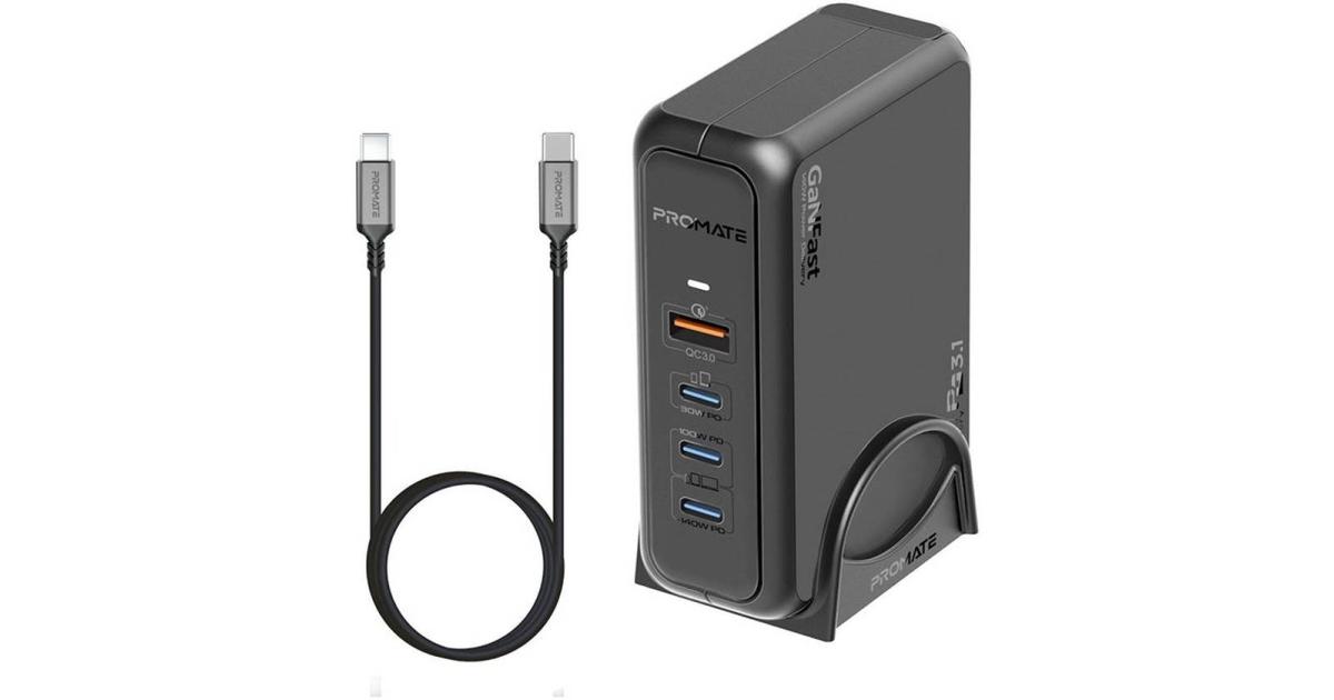 Promate GaNPort-140W Super-Speed GaNFast Charging Station with Power Delivery 3.1 & Quick Charge 3.0, Adaptive Fast Charging, Safety Protection, AC Power Cord, Black