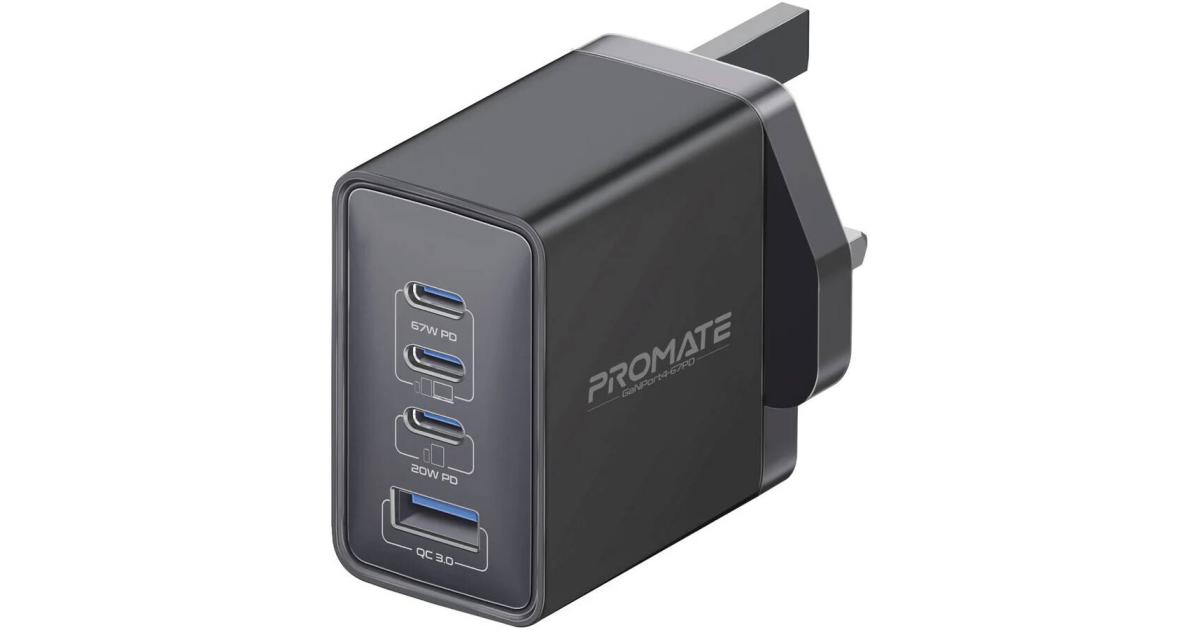 لابتوب Promate 67W USB-C GaN Wall Charger, Ultra-Compact Dual USB-C Power Delivery Charger with 22.5W Qualcomm QC 3.0 Port, 20W Type-C GaNPort4-67PD Black