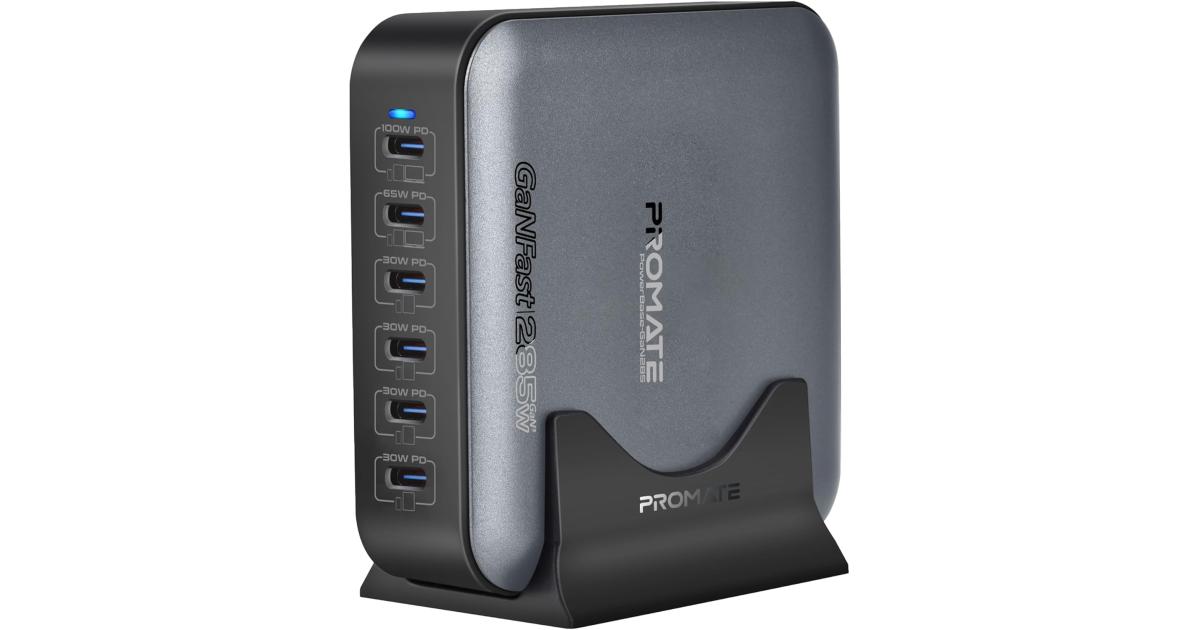 Promate PowerBase-GaN285 285W GaN Charging Station, 6-Port USB-C Desktop Charger with PPS, 100W/65W/30W Outputs, Overheat Protection, Stand and 1.5M Cable, for MacBook, iPhone, Galaxy - Black