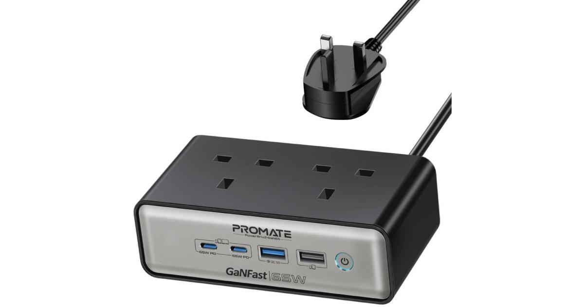 Promate Charging Station, 6-in-1 Multi-Port 65W GaNFast Power Extension with Dual 3250W AC Sockets, Dual 65W USB-C™ Power Delivery Ports, QC 3.0 Port, 2m Cable