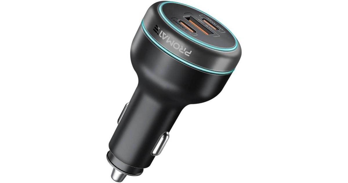 لابتوب آبل MacBook Pro Promate 230W Car Charger with Dual Power Delivery and Quick Charge Ports, 140W USB-C QC 3.0 Port, 45W USB-C, 45W USB-A, Heat-Resistant, and Surge Protection, for iPhone 17,, PowerDrive-230