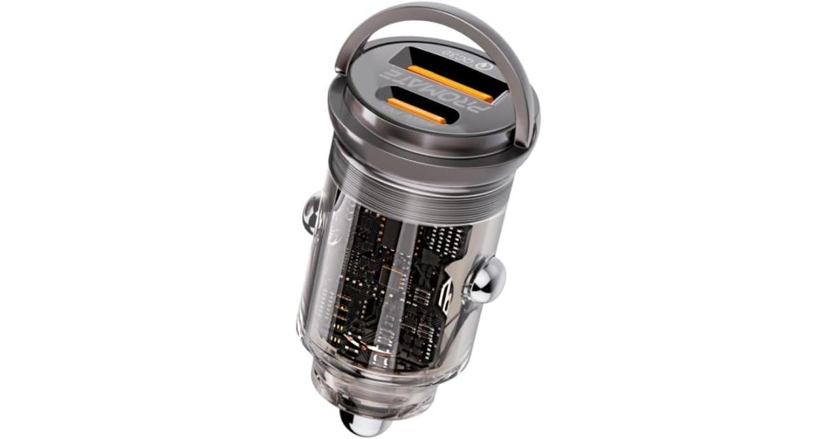 شاحن سيارة Promate , Transparent 65W Ultra-Compact Car Adapter with USB Type-C Power Delivery Port, USB-A Port, Mini Handle and Heat Protection compatible for iPhone 17, Galaxy 23, TransDrive-65W