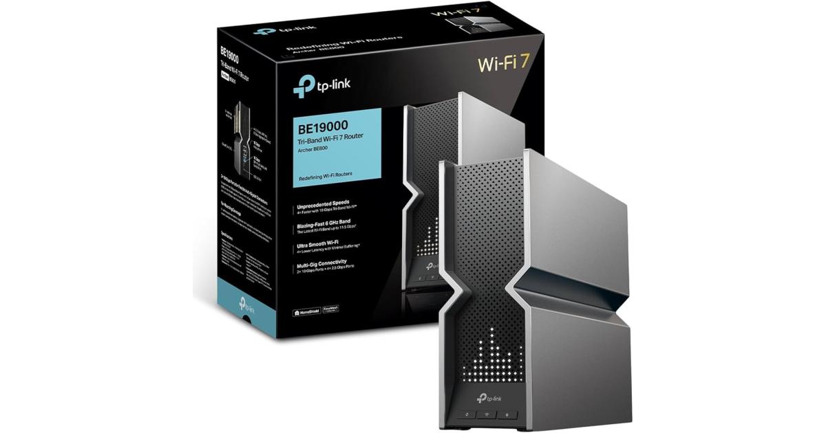 راوتر TP-Link Archer BE800 Tri-Band BE19000 WiFi 7 | 12-Stream 19 Gbps | 2×10G + 4×2.5G Ports | LED Screen, 8 High-Performance Antennas | VPN, Easy Mesh, HomeShield, Private IoT, Free Expert Help