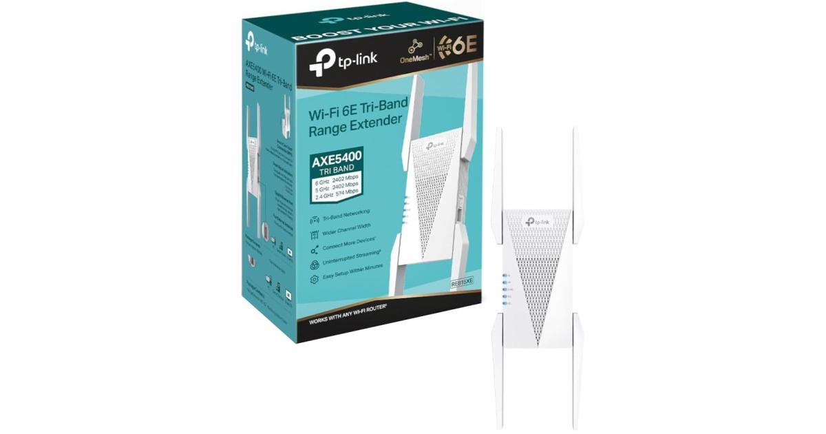 TP-Link RE815XE AXE5400Mbps Tri-Band Mesh WiFi 6E Internet Booster, Range Extender Booster Hotspot with 1 Gigabit Port, 160 MHz Channels, Built-In Access Point Mode, Smart Roaming One-Mesh, Easy Setup