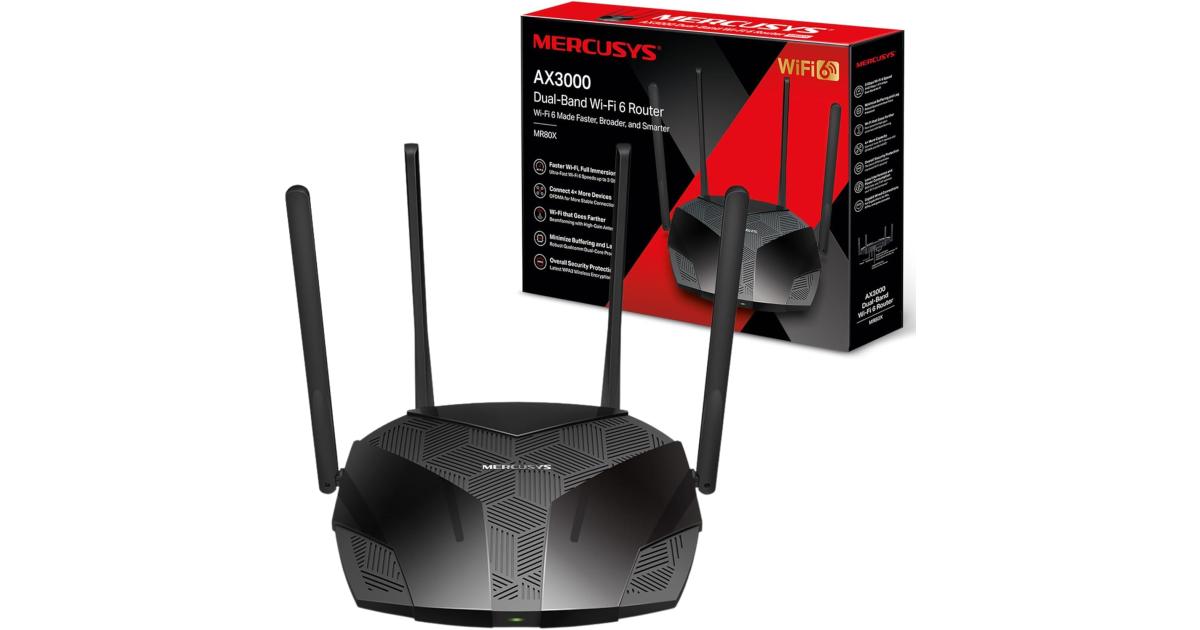 راوتر MERCUSYS MR80X AX3000 Wi-Fi 6 Dual Band, Wi-Fi Speed up to 2402Mbps (5GHz) + 574Mbps (2.4GHz), 160MHz Channel, 3 Gigabit LAN Ports, Ideal for Xbox/PS4/Steam and 4K Games