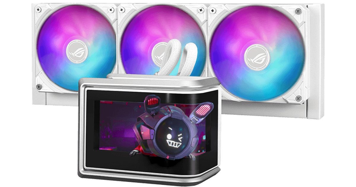معالج ASUS ROG Ryuo IV SLC 360 ARGB Liquid Cooler, 6.67" AMOLED Display, 360mm Radiator, 3x 120mm MF-12C aRGB Fans, 2650 RPM Speed, 71.44 CFM Fan Airflow, White