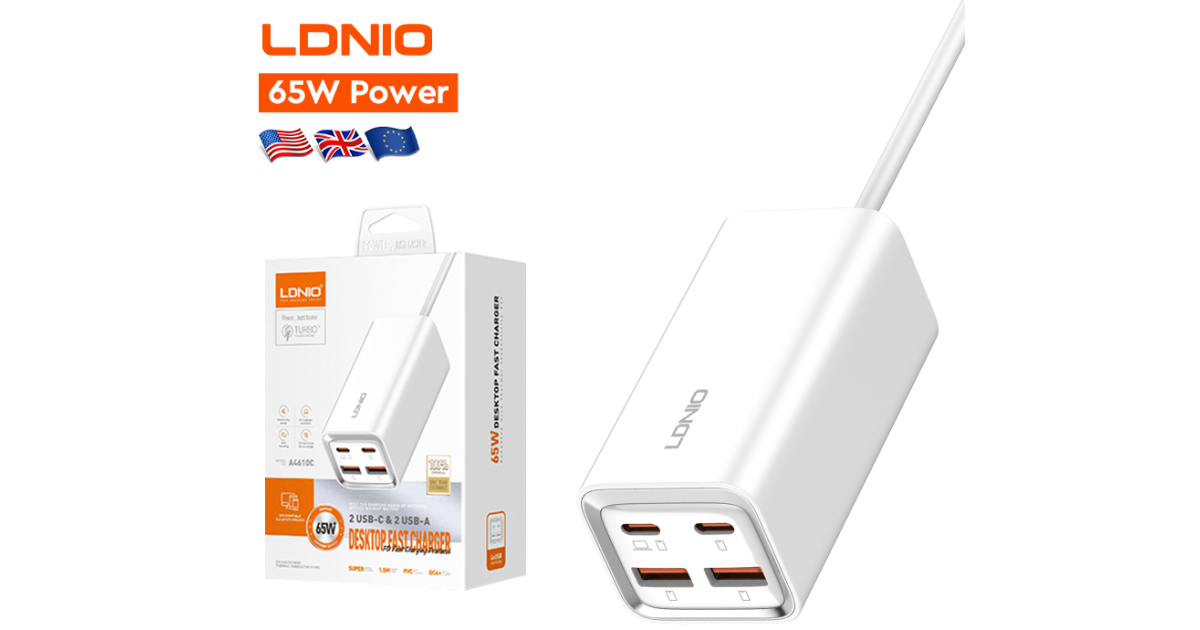 شاحن LDNIO A4610C 65W High Power Support 4 Port Usb UK US EU Plug Type C Qc3.0 Fast Adapter Universal for Laptop - White