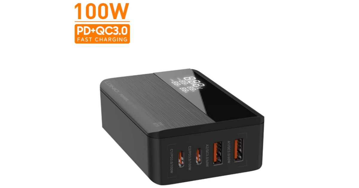 شاحن LDNIO A4809C GaN 100W PD Super Charging Desktop Desktop for Mobile Phone High Power Home - Black