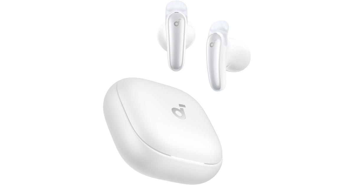 Anker Soundcore Liberty Buds, Semi-in-Ear Design, Removable Ear Fins, Real-Time Adaptive Noise Cancelling, Fast Charging, Wireless Bluetooth Earbuds, Translation Earbuds, 30H Playtime - White