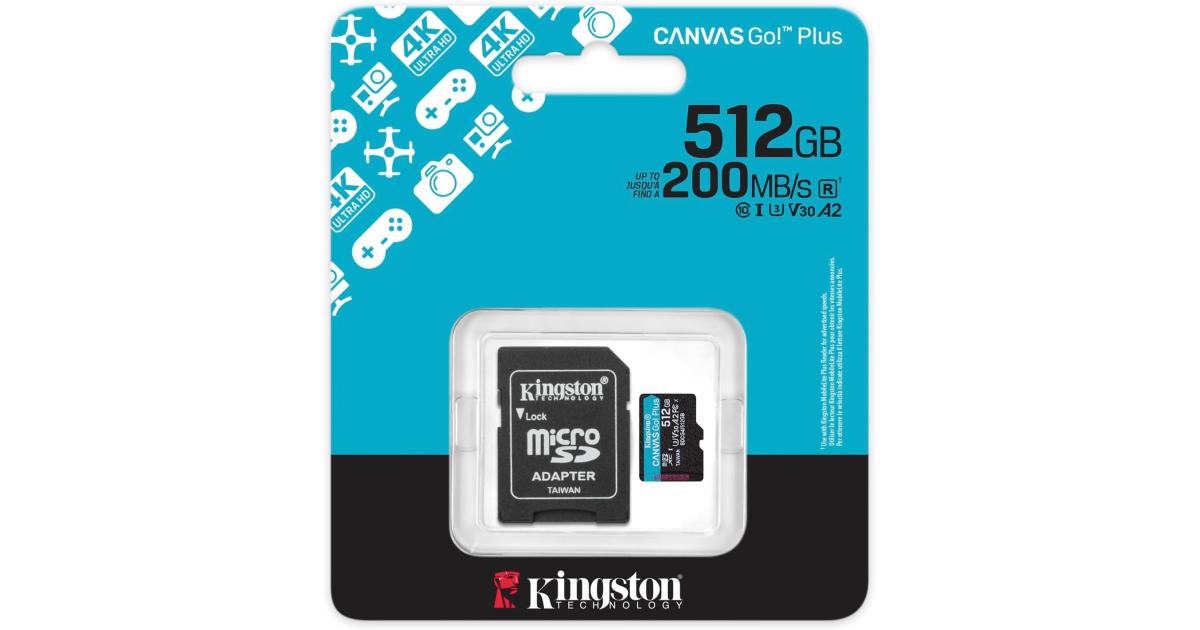 كينجستون 512 جيجابايت microSDXC Canvas Go Plus 200 ميجابايت/ثانية قراءة UHS-I C10 U3، V30 بطاقة الذاكرة