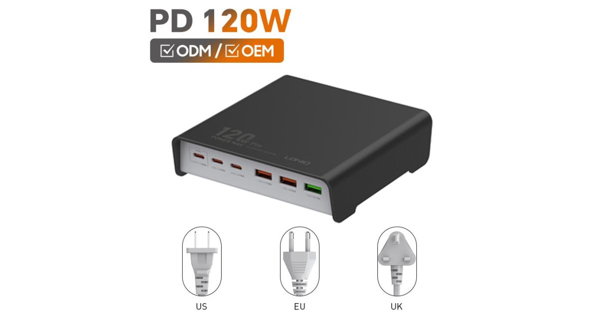 لابتوب LDNIO Q605 120W 6 Ports USB C PD Tablet Fast Charger Multi-port High Power Desktop Charger US EU UK Plug Charger Adapter - Black