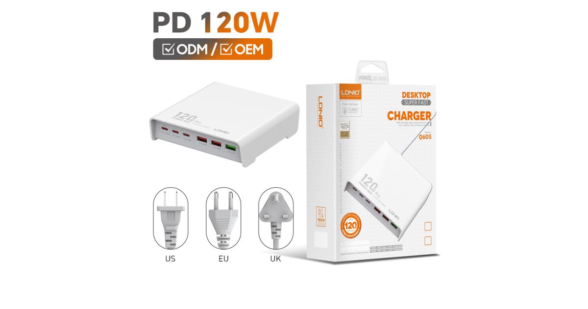لابتوب LDNIO Q605 120W 6 Ports USB C PD Tablet Fast Charger Multi-port High Power Desktop Charger US EU UK Plug Charger Adapter - White