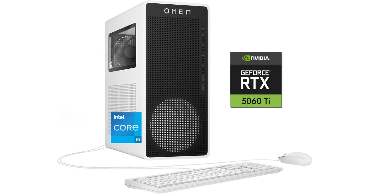 كمبيوتر ألعاب مكتبي HP OMEN 16L TG03-0154 14Gen Intel Core i5 10-Cores w/ Nvidia RTX 5060 TI 8GB DDR6 & Windows 11 - White