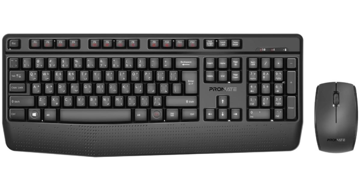 Promate ProCombo-14 Ergonomic Wireless Multimedia Keyboard with Palm Rest & Ambidextrous Mouse, 1200 DPI Sensor Resolution, Media Control, Palm Rest, English - Arabic Layout, Black