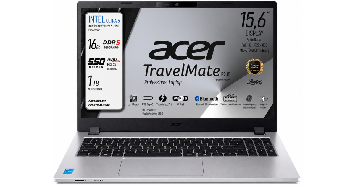 لابتوب أعمال Acer TravelMate P2 15 (2025) Intel® Ultra 5 Gen II 225U vPro 12-Cores Secure, Durable & High-Performance AI w/ TravelMateSense & Fast Charging - Silver