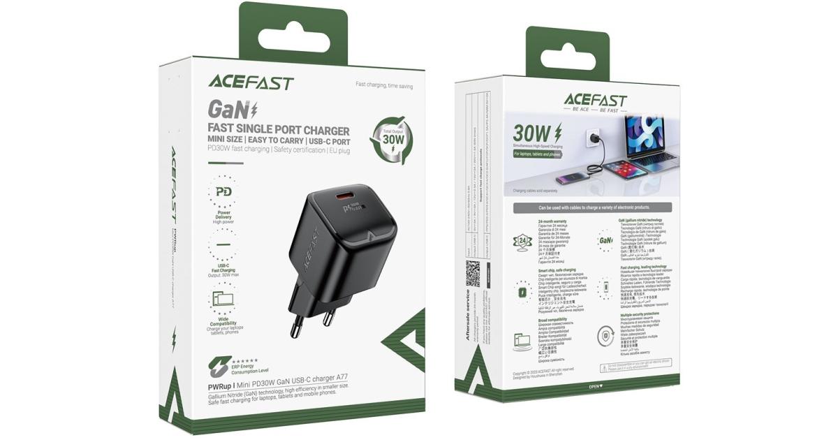 ACEFAST A77 Mini PD 30W GaN Wall Charger Type-C Port Phone Fast Charging Adapter, EU Plug - Black