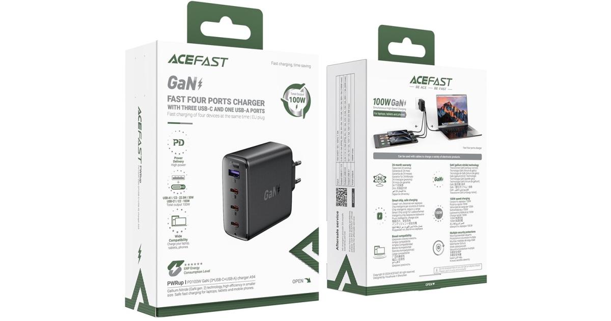ACEFAST A94 PD 100W GaN Phone Charger 3 Type-C + USB-A Four Ports Power Adapter, EU Plug - Black