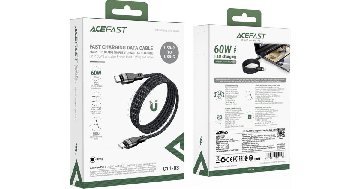 ACEFAST C11-03 1.2m USB-C to USB-C 60W Fast Charging Cable Magnetic Braided Data Cord - Black