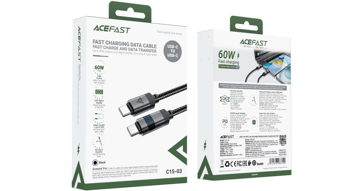 ACEFAST C15-03 1.2m USB-C to USB-C Charging Cable LED Power Display Braided Data Cord - Black