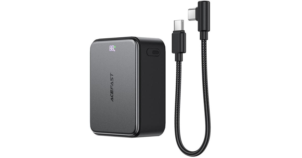 ACEFAST M28 10000mAh Power Bank LED digital display of battery charge level 22.5W Fast Charging 2 Type-C + USB-A Phone Charger with Cable - Gray