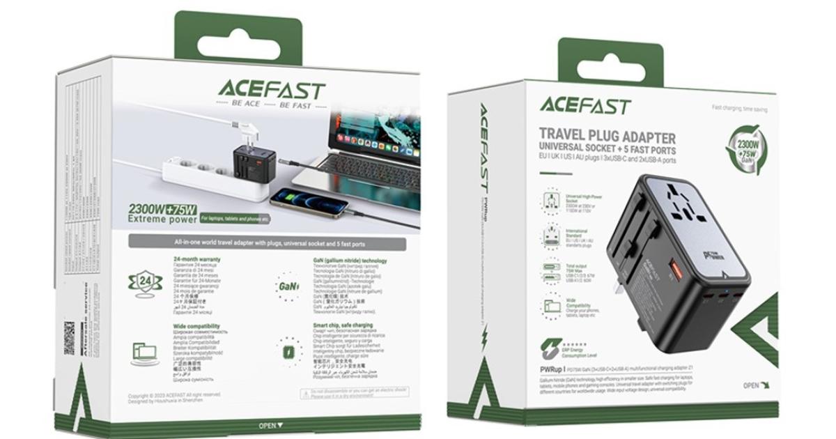 ACEFAST Z1 PD 75W Fast Charger 3 Type-C + 2 USB-A GaN Travel Power Socket with EU / UK / US / AU Plug - Black
