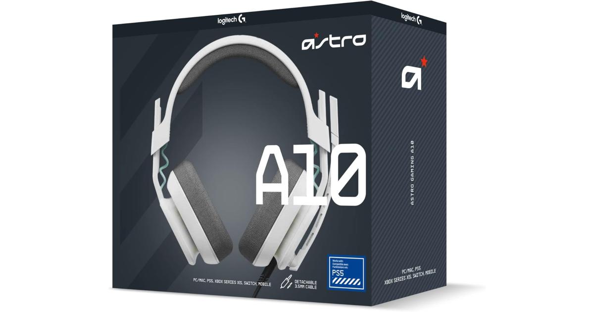 سماعة ألعاب (رأس) Logitech G Astro A10 Gen 2 Cross-Platform Wired for PlayStation 5/4, Xbox S|X, Nintendo Switch, PC: 3.5mm Headphone Jack, 32mm Drivers, Flip-to-Mute Mic, Over-Ear - White/PS Edition