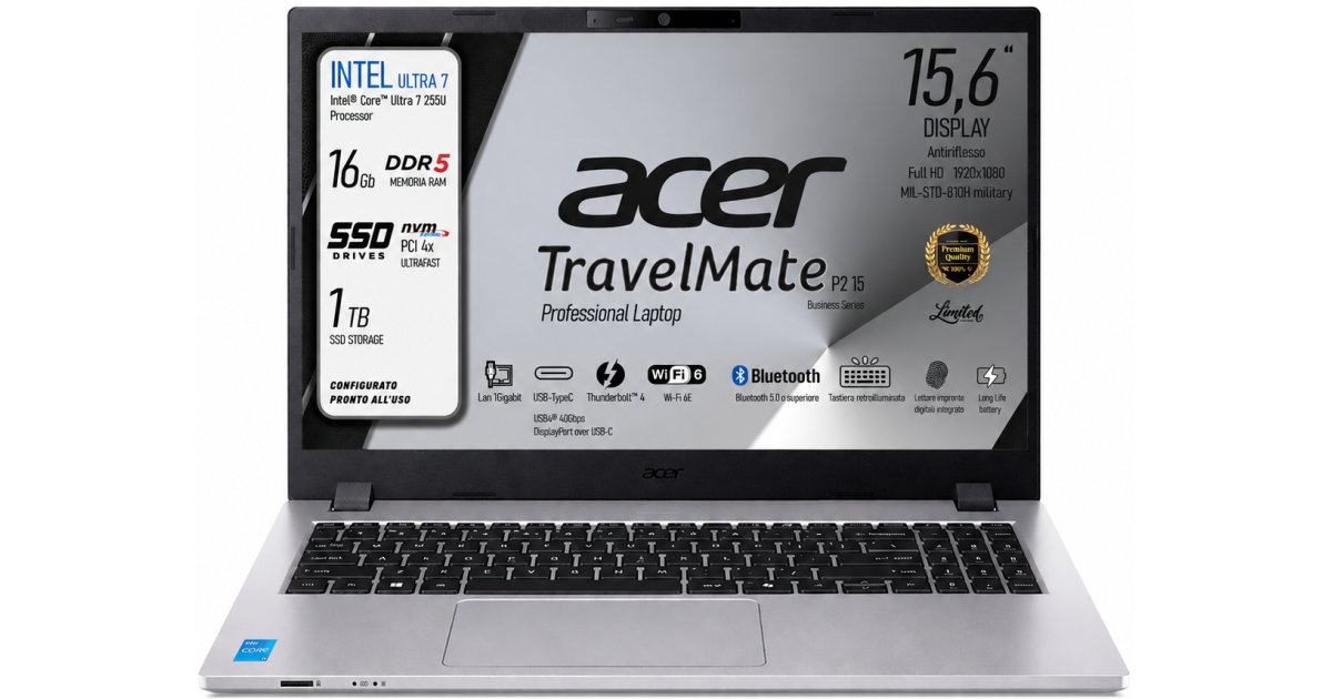 لابتوب أعمال Acer TravelMate P2 15 (2025) Intel® Ultra 7 Gen II 255U vPro 12-Cores Secure, Durable & High-Performance AI w/ TravelMateSense & Fast Charging - Silver