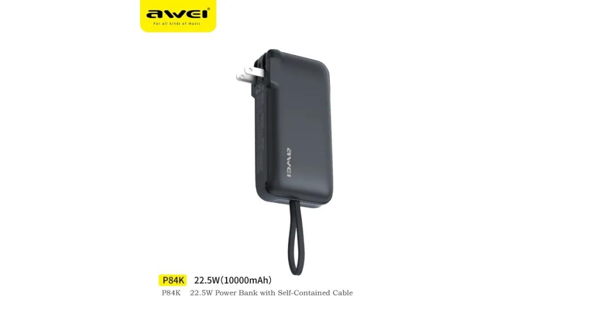Awei P84K Power Bank with Built-in USB-C Cable & Plug, 10,000mAh 5V/4.5A Power Bank Fast Charging 22.5W, Travel Essential Battery Pack for iPhone 16/15 Series, Samsung Galaxy, iPad