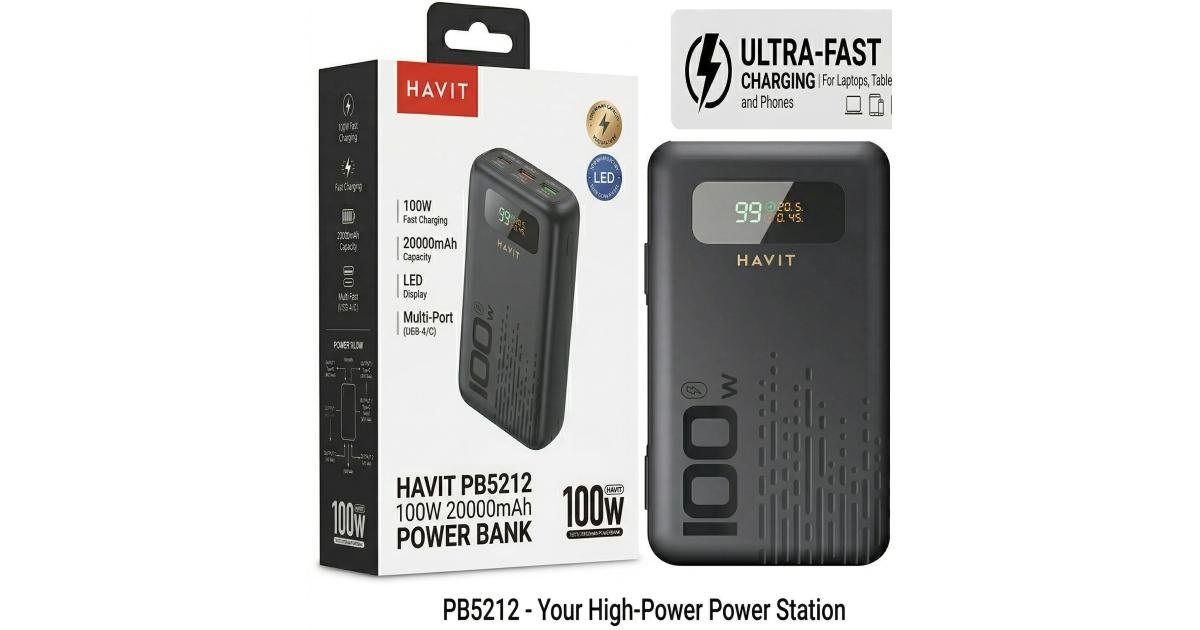 HAVIT PB5212 Power Bank 20000mAh 100W Fast Charging , Multiple USB C Outputs, USB A , Smart Digital Display, Secure & Stable Charging for Laptops & Handheld , Smartphones, Tablets & Travel - Black