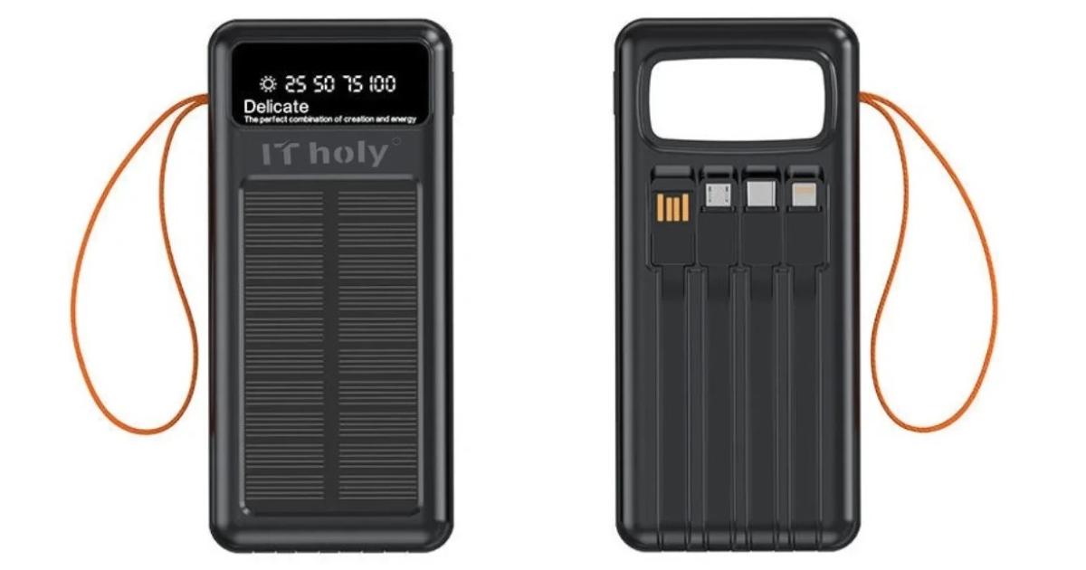 باور بنك (شاحن متنقل) IT Holy B53 Solar 50000mAh, 10W Charging | Solar Panel Portable Charger with 4 built-in cables | Digital Display LED Torch | Compatible with Smartphones Tablets - Black