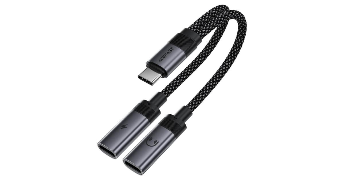 Acefast J14 - USB-C To 2x USB-C, 60W Fast Charging, Hi-Fi Audio, Aluminum Alloy, Plug & Play - Black